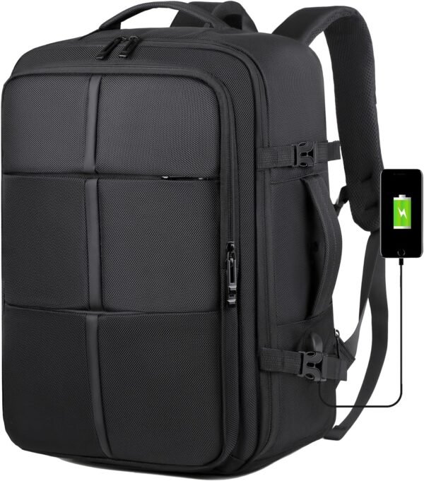 Travel Backpack for Men Business Computer Large Backpack Suitcase for Travel with USB Charging Port, Work Laptop Bookbag for Women Office College School Bag, Black