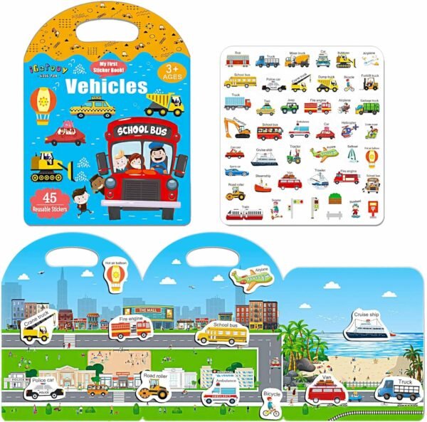Sticker Books for Toddlers 2-4 Years, Reusable Sticker Book for Kids, Travel Toys for Toddlers 1-3, Toddler Airplane Travel Essentials for Kids, Vehicle Stickers for Kids