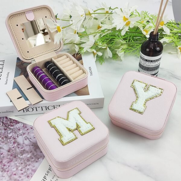 Travel Jewelry Case Organizer, Gifts for Women Teen Girls Initial Jewelry box with Mirror Vacation Beach Essentials Ring Necklace Earring Organizer Box (V) - Image 5