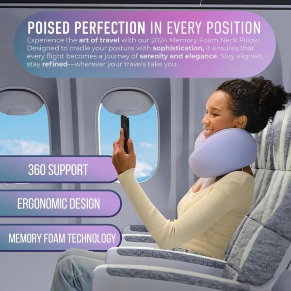 360° Support Memory Foam Travel Neck Support Pillow for Car and Airplane Sleeping; Ergonomic Pillow for Neck Pain Relief and Comfort; Airplane Neck Pillow for Traveling on Long Flight (Purple) - Image 4