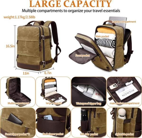 Travel Backpack for Men Carry On Backpack Flight Approved Personal Item Backpack, 17 inch Laptop Backpack Casual Daypack Weekender Business Hiking Backpack, Brown - Image 3