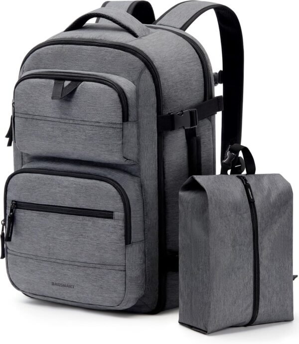 BAGSMART Travel Backpack for Women Men, 40L Flight Approved Carry on Backpack with Shoe Bag, TSA Large Personal Item Backpack with 17 Inch Laptop Compartment, Weekender Suitcase for Travel, Grey