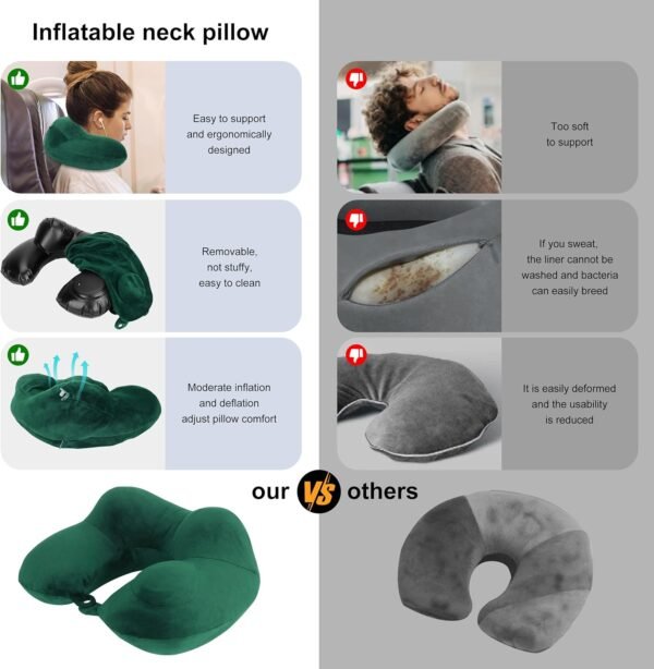 Inflatable Travel Pillow, Comfortable & Supportive Neck Pillow for Traveling, Pain Relief Sleeping Neck Pillows for Airplanes/Cars/Buses/Trains/Office Napping (Green) - Image 4