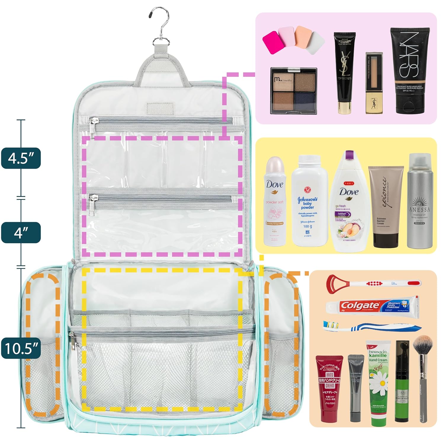 PAVILIA Large Hanging Toiletry Bag Travel Bag Women Men, Cosmetic Organizer, Water Resistant Makeup Bag Accessories Toiletries, Travel Essentials Kit, Teal Chevron - Image 6