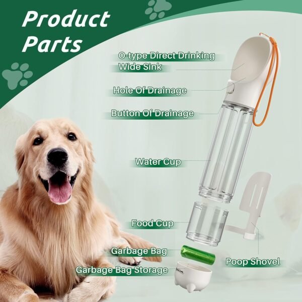 PUPIHOM17OZ 3 in 1 Portable Dog Water Bottle, Outdoor Dog Water Dispenser with Poop Bag, Pet Travel Water Bottle Dispenser with Drinking Feeder and Food Container for Dogs Walk Travel, Length 15.55" - Image 7