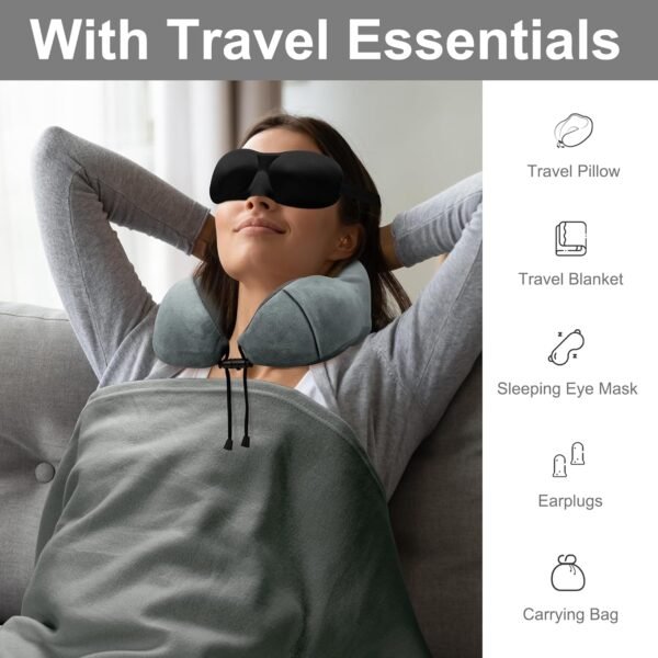 Travel Pillow and Blanket Set for Traveling, Memory Foam Neck Pillow and Soft Blanket Compact, Airplane Travel Essentials Adult with Sleep Mask Earplugs Storage Bag for Plane Car, Grey - Image 4