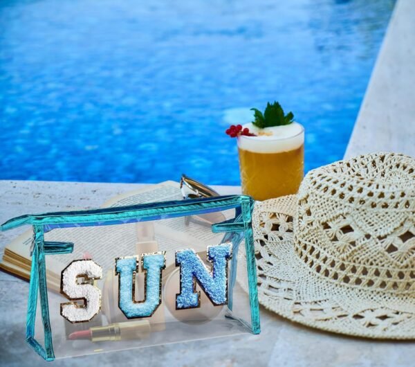 COSHAYSOO Clear Makeup Bag Preppy Sunscreen Pouch Beach Pool Summer Stuff Travel Cosmetic Toiletry Essentials Small Purse Organizer for Women Teenager Girl with Trendy Letter Patch Blue SUN - Image 3