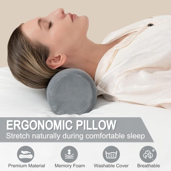 Neck Pillow Memory Foam Cervical Round Roll Pillows for Pain Relief Firm Neck Brace Lumbar Pillow Grey 13.3 x 4.7 Inches - Image 2