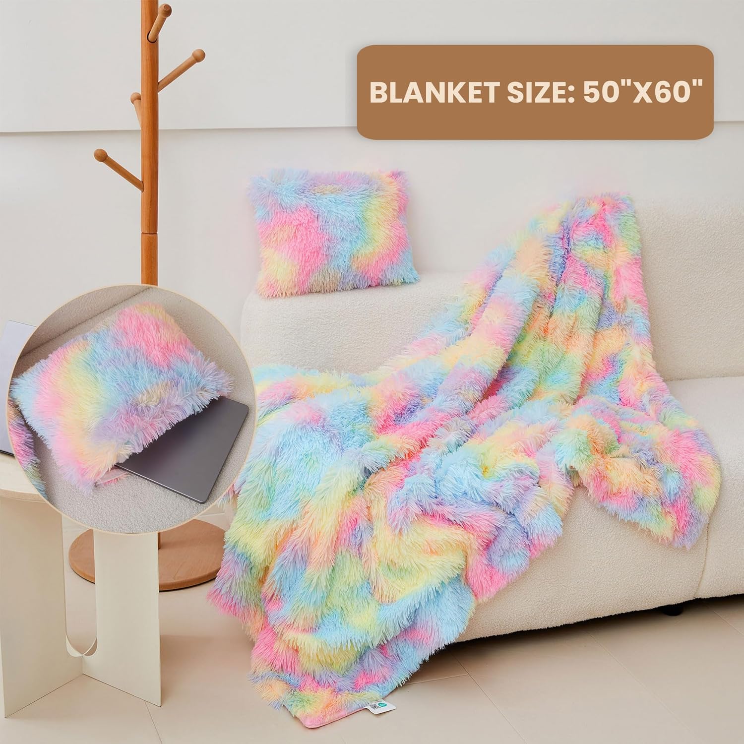 MEGO Fluffy Travel Blanket Pillow, Tie Dye Plush Velvet Airplane Compact Travel Blanket with Bag, 2 in 1 Faux Fur Travel Blankets with Luggage Backpack for Flight (50 x 60 Inch, Rainbow - Image 3