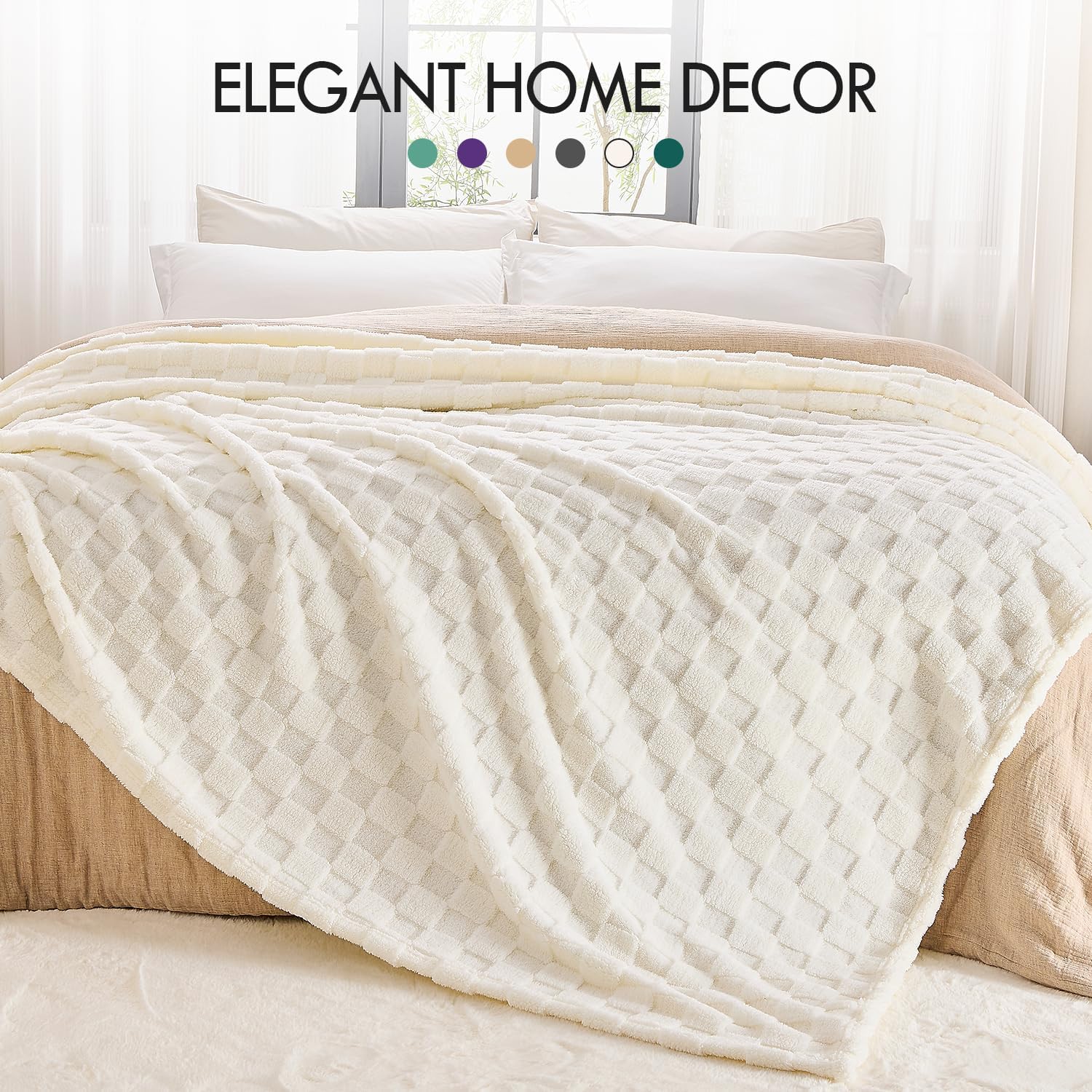 Kaisa Soft Cozy Fall Blankets, Premium Fleece 3D Checkered Blanket for Couch Sofa Bed, Lightweight Plush Cozy Warm Throws for Travel Office Home Decor, Cute Blankets, 50"x60", Cream White - Image 4