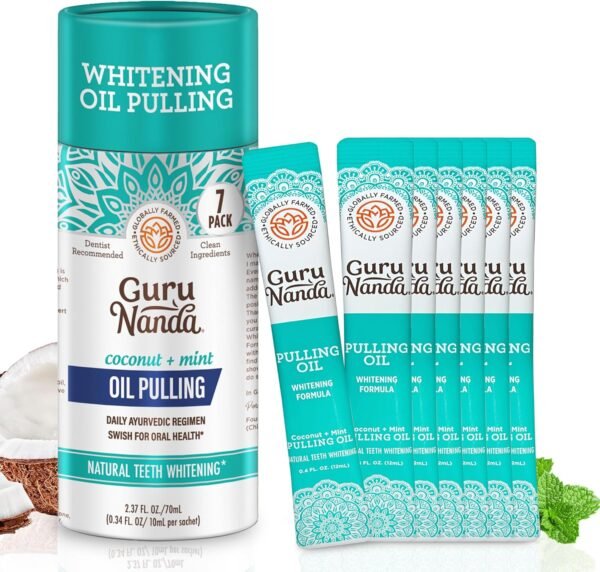 GuruNanda Travel Sachets Coconut Oil Pulling, 7 Essential Oils & Vitamins for Happy Gums - Fresh Breath & Whitening Mouthwash - 7 Pack
