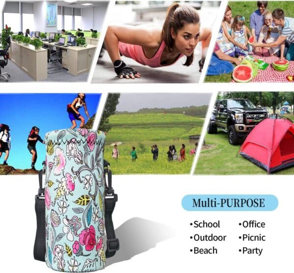 Neoprene Water Bottle Sling Case Bag Carrier Holder - 750ML/24oz Water Bottle Sleeve Strap Cooler Cover for Men Women Kids Travel School Camping Walking Hiking Running(Blue Flowers) - Image 6