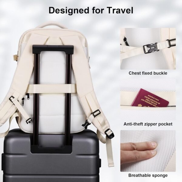 HOMIEE Travel Backpack for Women, Carry On Backpack with USB Charging Port, TSA Approved Personal Item Bag Spirit Airlines, 15.6 Inch Laptop Backpack for Colllege Work, Beige - Image 6