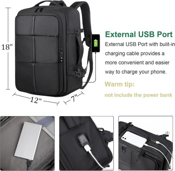 Travel Backpack for Men Business Computer Large Backpack Suitcase for Travel with USB Charging Port, Work Laptop Bookbag for Women Office College School Bag, Black - Image 2