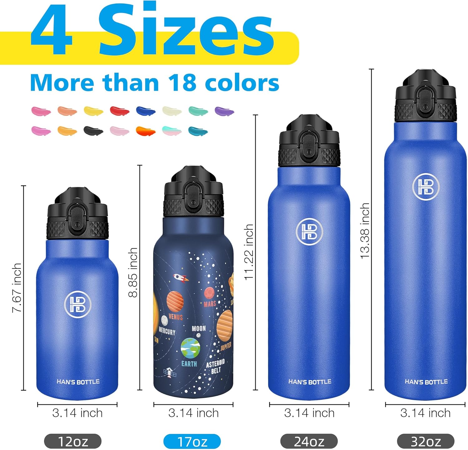 Han's Bottle Kids Water Bottle with Straw Lid - Insulated Stainless Steel Reusable Tumbler for Girls,Boys,Thermo Mug,17oz,Space Planet - Image 2