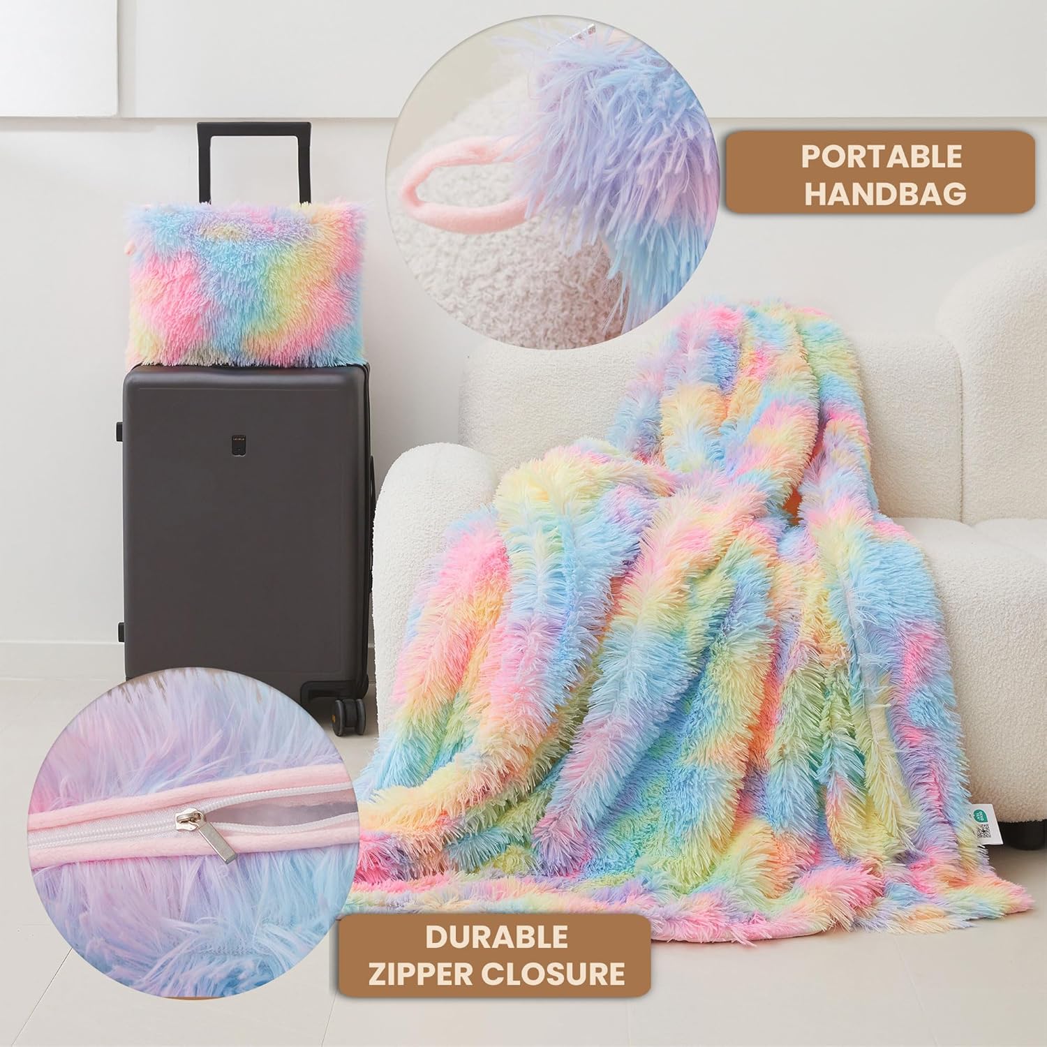 MEGO Fluffy Travel Blanket Pillow, Tie Dye Plush Velvet Airplane Compact Travel Blanket with Bag, 2 in 1 Faux Fur Travel Blankets with Luggage Backpack for Flight (50 x 60 Inch, Rainbow - Image 4