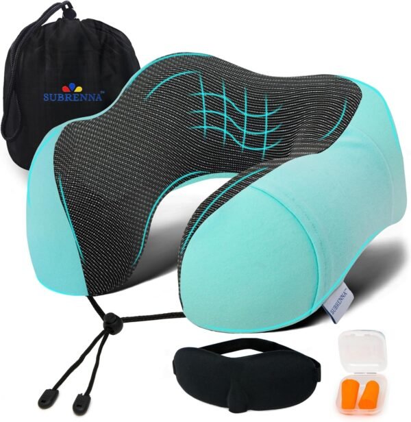 Adjustable Travel Pillow for Neck Support & Comfort, Lightweight Memory Foam Travel Neck Pillow for Sleeping - Washable & Breathable Plane Pillow for Traveling with Eyemask, Earplug & Carry Bag