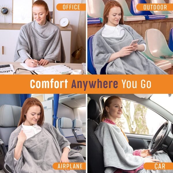 Travel Blanket – Wearable Compact Airplane Blanket - Double Zippered Pockets for Storage –Soft, Lightweight, Packable, & Cozy Throw Blanket for Travel, Car – Easy to Carry & Fold Up - Image 5