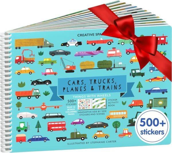 Cars, Trucks, Planes & Trains Sticker Book + Coloring by Cupkin: Innovative Side by Side Sticker Books - Spiral Binding Allows The Car Sticker Book to Lay Flat - Over 500 Car Stickers and 12 Scenes