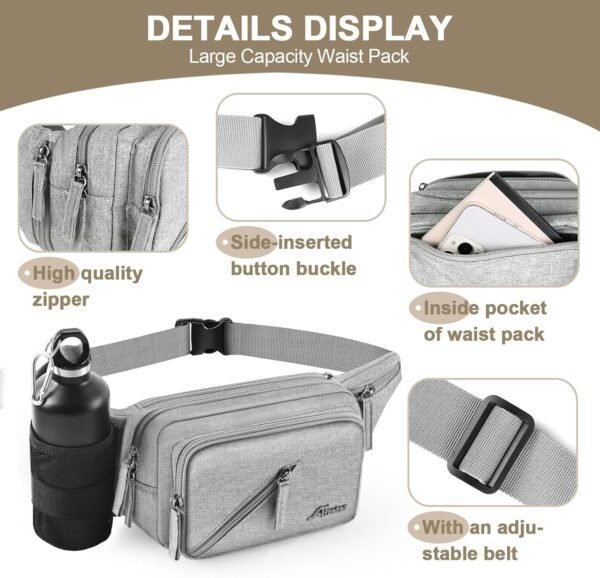 Fanny Pack Waterproof Waist Bag Pack Men Women Hip Bum Bag With Water Bottle Holder Adjustable Strap Suitable For Outdoors Workout Traveling Hiking Cycling Dog Walking Pouch Bag(Grey) - Image 5
