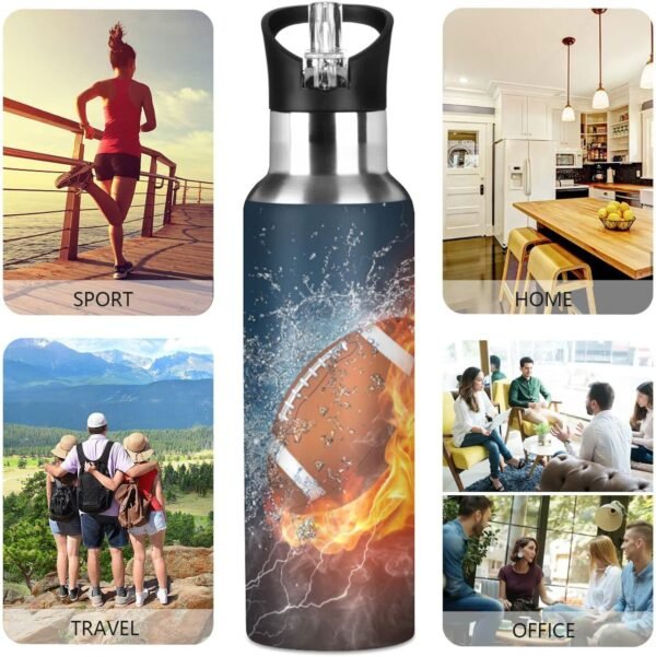 American Football Fire Water Bottle Kids Insulated Thermos Stainless Steel Hot Cold Water Flask Jug with Straw Lid for Sports Gym Running 20 oz - Image 5