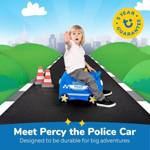 Trunki Ride-On Kids Suitcase | Tow-Along Toddler Luggage | Carry-On Cute Bag with Wheels | Airplane Travel Essentials: Percy Police Car Blue - Image 5