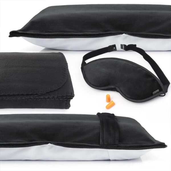 Lewis N. Clark Ultimate Comfort Set + Portable Travel Kit for Airplane, Includes Inflatable Pillow + Zippered Carrying Case, Cozy Fleece Blanket, Eye Mask for Sleeping & Foam Ear Plugs, Black - Image 2
