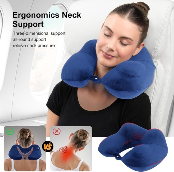 Inflatable Travel Neck Pillows for Airplanes, Long Flight Must Haves for Sleeping to Avoid Neck and Shoulder Pain, Comfortably Support Head and Neck for Flight, Car, Bus and Office (Blue) - Image 2