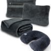 Travel Blanket and Pillow Set - Inflatable Travel Neck Pillow with Washable Soft Cover, Premium Soft Airplane Blanket with Built-in Bag, Zippered Pouch, and Hand Luggage Strap, 70" x 40" (Dark Grey)