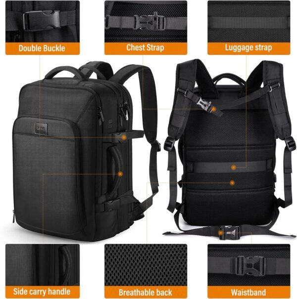 HOMIEE Carry On Luggage 22x14x9 Airline Approved 50L Travel Backpack, Extra Large Expandable Laptop Backpack, Black - Image 6