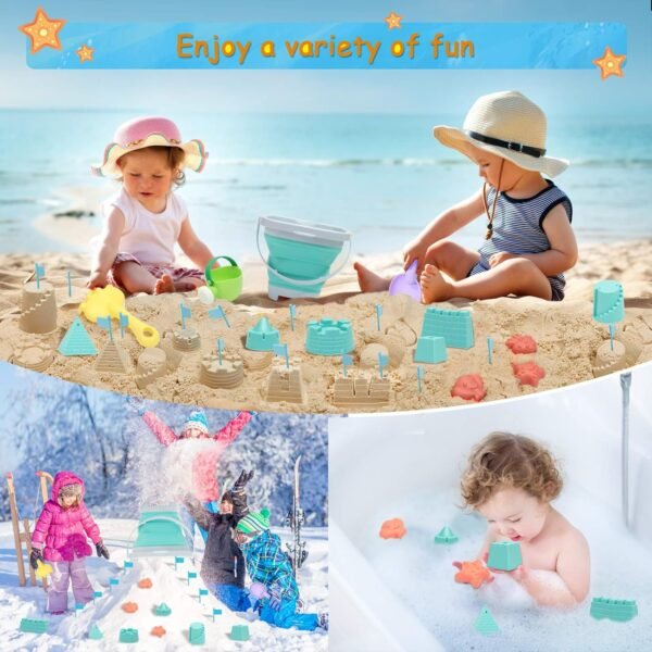 Beach Toys Sand Set for Kids, Collapsible Bucket and Shovels with Mesh Bag, Molds, Flags, Sandbox Kids Toddlers, Travel (Tavel Size) - Image 6