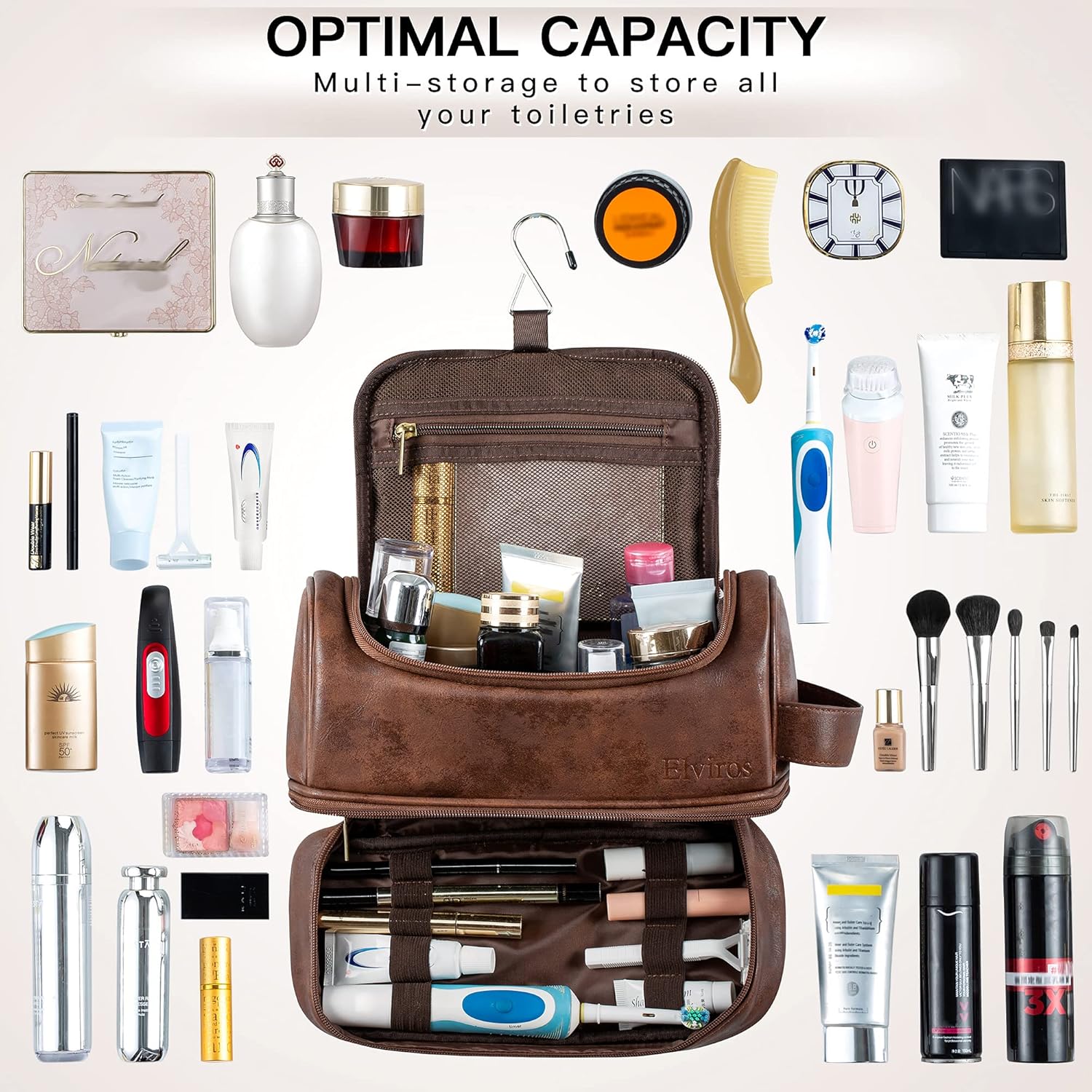 Elviros Toiletry Bag, Mens Leather Travel Organizer Kit with hanging hook, Large Water-resistant Toiletries Bathroom Shaving Bags for Women (Dark Brown) - Image 4
