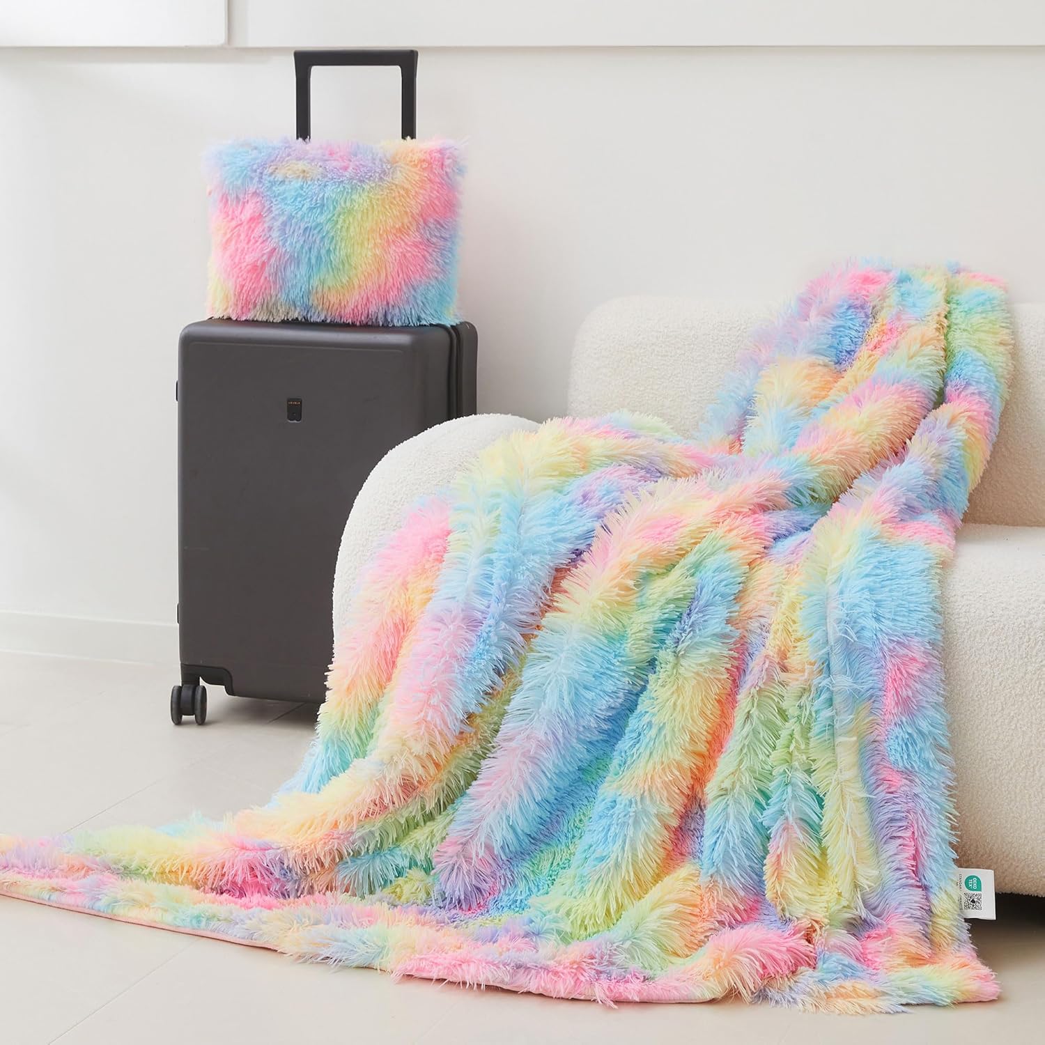 MEGO Fluffy Travel Blanket Pillow, Tie Dye Plush Velvet Airplane Compact Travel Blanket with Bag, 2 in 1 Faux Fur Travel Blankets with Luggage Backpack for Flight (50 x 60 Inch, Rainbow