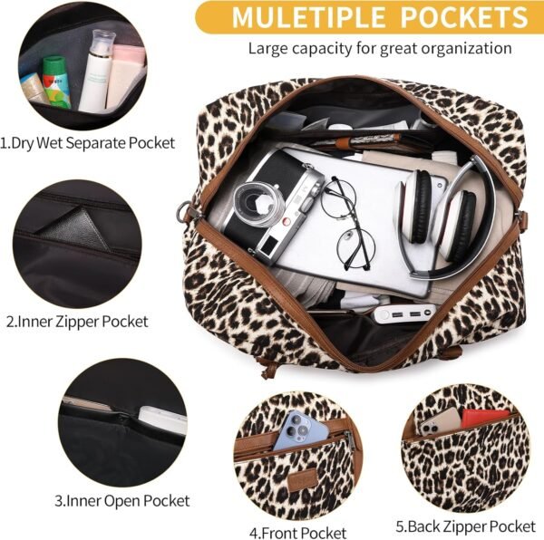 Wogarl Weekender Bags for Women Large Overnight Bag Weekend Travel Duffel Bag Carry on Shoulder with Shoe Compartment Canvas Toiletry Bag Tote with Trolley Sleeve for Travel Business Gym,Leopard - Image 4