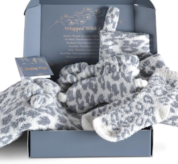 JOOJA Comfort Gift Basket for Women Travel Essentials Gift Set Cozy Blanket, Fuzzy Socks, Eye Mask, Scrunchie, Headband & Travel Storage Bag Leopard Grey - Image 7