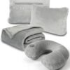 Travel Blanket and Pillow Set - Inflatable Travel Neck Pillow with Washable Soft Cover, Premium Soft Airplane Blanket with Built-in Bag, Zippered Pouch, and Hand Luggage Strap, 70" x 40" (Grey)