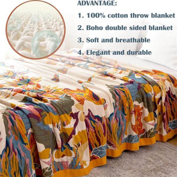 Boho Throw Blanket for Couch 100% Cotton Throw Blanket Floral Bed Blanket 80''x90'', Cotton Quilts Travel Blanket Knitted Muslin Blanket Home Decor Cozy Blankets for Women - Image 5