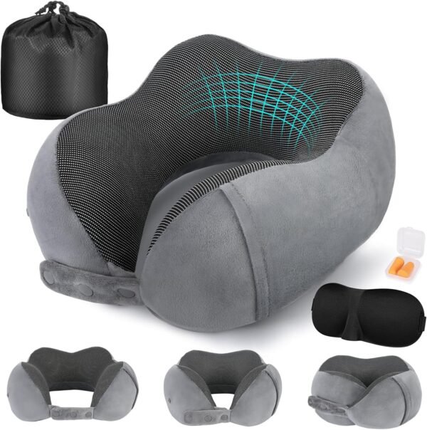 Neck Pillow for Traveling, Travel Pillows for Airplanes,100% Pure Memory Foam Travel Neck Pillow, Adjustable Flight Pillow, Portable Plane Accessories with Eye Mask, Earplugs, Carry Bag