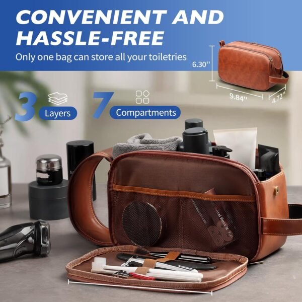 HOTOR Travel Toiletry Bag for Men - Leather Water Resistant Toiletries Organizer with Handle, Versatile Travel Cruise Ship Essentials, Brown, Medium - Image 2