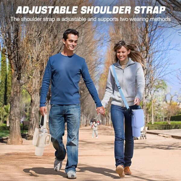 Water Bottle Tumbler Carrier Bag with Phone Pocket for Stanley, 40oz Tumbler Holder Simple with Adjustable Strap Modern Neoprene for Quencher Cup Accessories Travel, Cream White - Image 6
