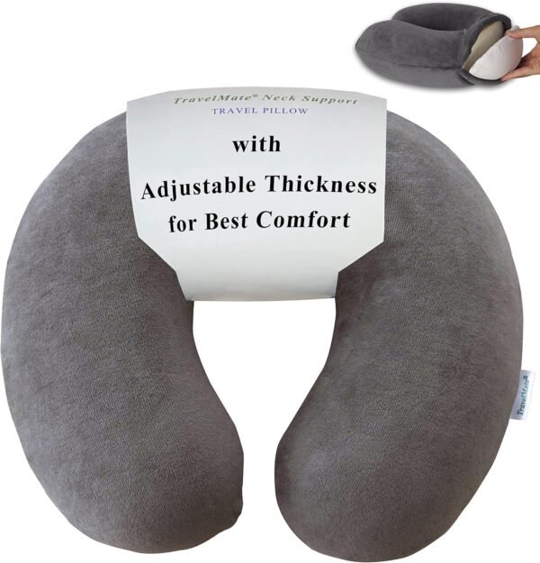 Memory Foam Neck Pillow - Adjustable Thickness for Best Comfort, Grey