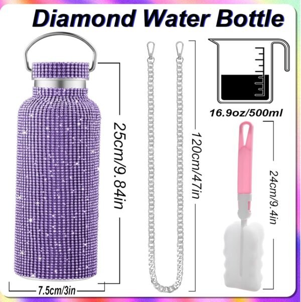 Bling Water Bottle Rhinestone,Diamond Water Bottle,Glitter Rhinestones Stainless Steel Thermal Bottle,Bling Cup for Women Girls,Bling Tumblers with 2 Style lids and 55in Chain (Purple) - Image 2
