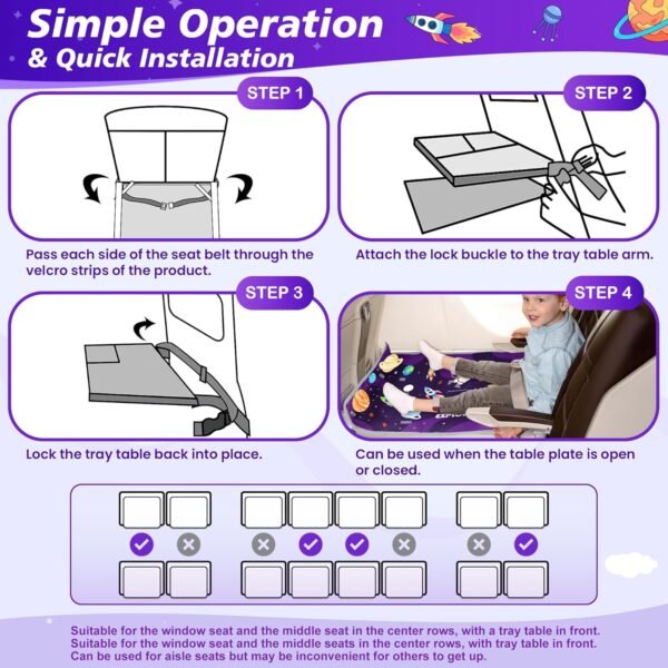 Airplane Seat Extender for Kids - Portable Toddler Travel Airplane Bed with Side Pockets,Toddler Airplane Travel Essentials, Airplane Must Have for Kids,Baby Portable Plane Bed Foot Rest for Flight - Image 5