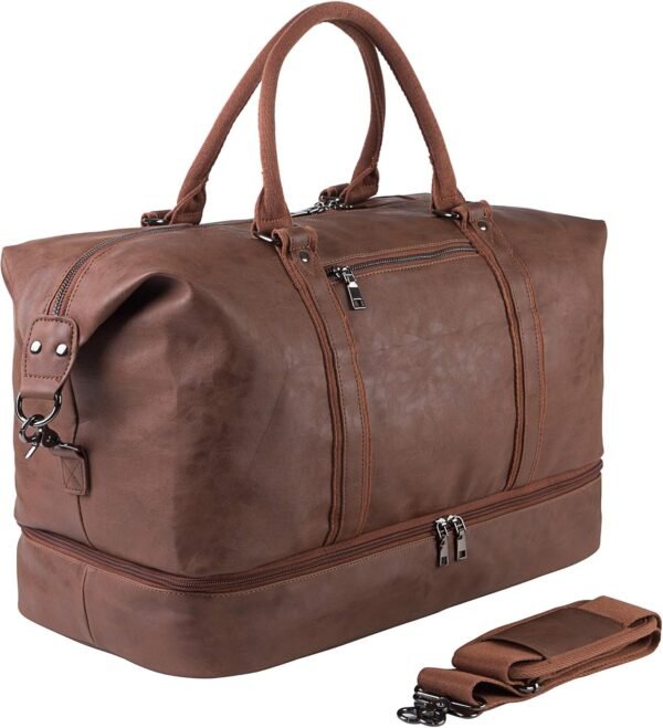 Leather Travel Bag with Shoe Pouch,Weekender Overnight Bag Waterproof PU Leather Large Carry On Bag Travel Tote Duffel Bag for Men or Women-Brown
