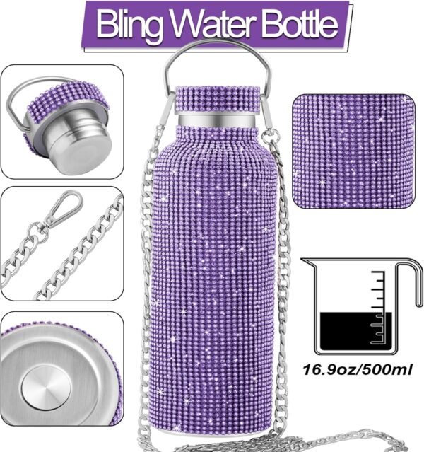 Bling Water Bottle Rhinestone,Diamond Water Bottle,Glitter Rhinestones Stainless Steel Thermal Bottle,Bling Cup for Women Girls,Bling Tumblers with 2 Style lids and 55in Chain (Purple) - Image 3