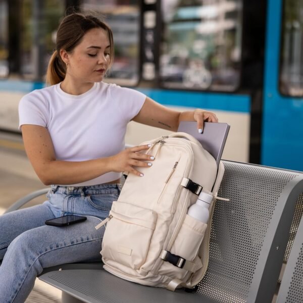 (Not Made In China) Travel Backpack For Men and Women, Airline Approved Carry On Bag w/Shoe Compartment, Holds 15.6" Laptop, USB Charging Port (Beige) - Image 6