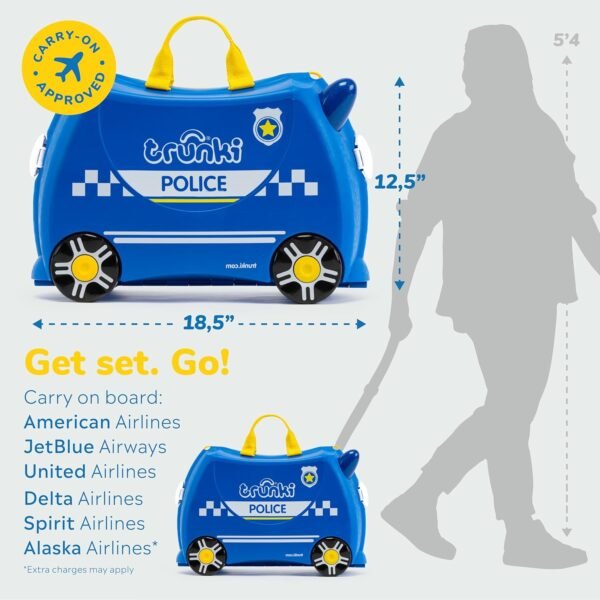 Trunki Ride-On Kids Suitcase | Tow-Along Toddler Luggage | Carry-On Cute Bag with Wheels | Airplane Travel Essentials: Percy Police Car Blue - Image 2
