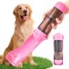Dog Water Bottle with Food Container and Poop Bag Holder,Portable Pet Dispenser, Foldable Puppy Water Cup Dispenser for Outdoor Walking, Travel, Hiking (Pink, 10 oz)