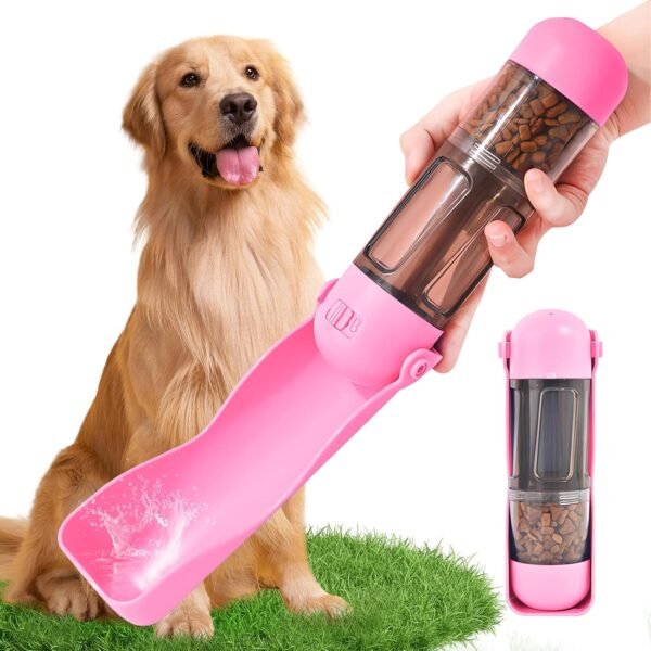 Dog Water Bottle with Food Container and Poop Bag Holder,Portable Pet Dispenser, Foldable Puppy Water Cup Dispenser for Outdoor Walking, Travel, Hiking (Pink, 10 oz)