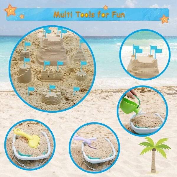 Beach Toys Sand Set for Kids, Collapsible Bucket and Shovels with Mesh Bag, Molds, Flags, Sandbox Kids Toddlers, Travel (Tavel Size) - Image 5